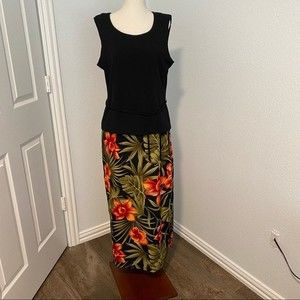 EXPRESSIONS maxi dress black tunic top tropical floral print boho size 14